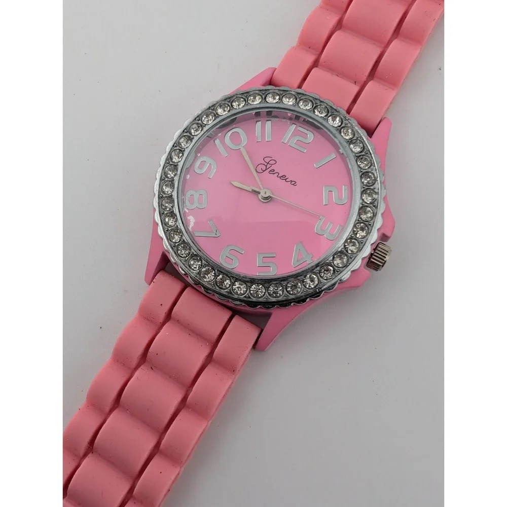 Geneva‎ Watch Women 38mm Case Crystal Bezel Pink Silicone Band- New Battery